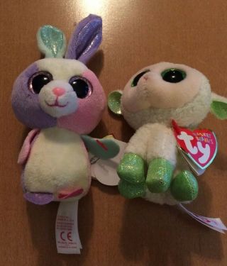 Ty Basket Beanies Bunny Named Bloom And Sheep Named Lala