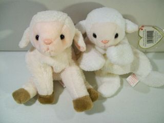 2 Vintage Ty Beanie Babies Bean Plush Ewey Lamb & Fleece Lamb 1996 - 99 Swing Tags