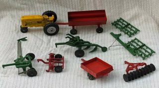 Vintage 8 Piece Set Hubley Yellow Tractor & Farm Implements/equipment Toys Metal