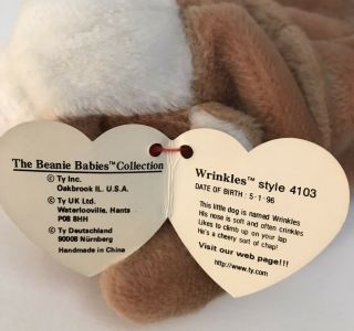 TY Beanie Baby: 1996 Wrinkles: Tan Bulldog,  Rare Waterlooville Tag,  Style 4103 2