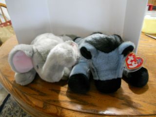 2 Political Beanie Buddies Elephant And Donkey W/red Heart Tags Vintage 2000