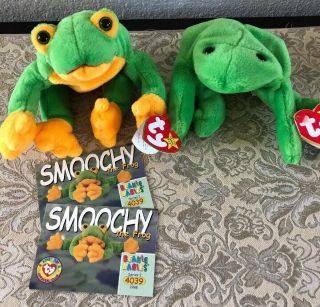 Vintage Rare Retired Legs The Frog Ty Beanie Baby 93 & Smoochy 97 Bb Pair Frogs