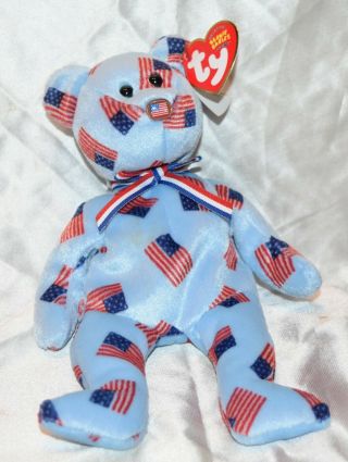 Ty Beanie Baby Union Blue Bear W/ Flags Even The Nose Has A Flag Celebrate Ameri
