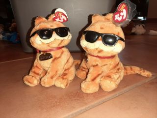 Set Of 2 2004 Ty Beanie Babies Cool Cat - Garfield With Sunglasses.  W/tags