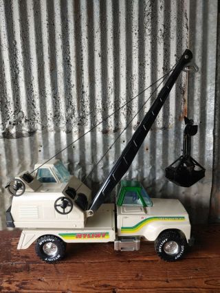 Vintage Nylint Road Builders Crane Pressed Steel Plastic Toy White Green Shovel