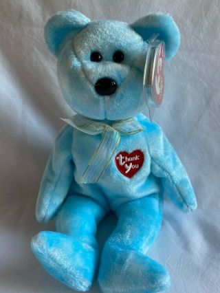 Ty Beanie Baby Thank You Bear Aqua Blue 40040 Plush Stuffed Toy W Card