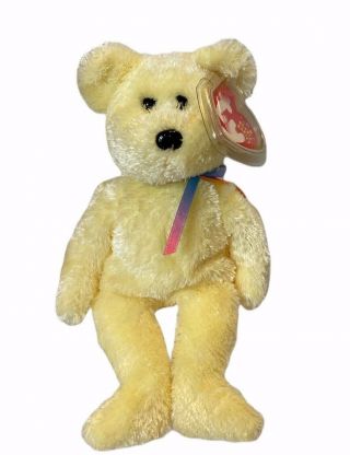 Ty Beanie Baby Sherbet Yellow Bear Rainbow Bow Nwt 2002 Pe Pellets