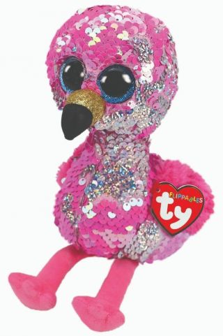 Ty Beanie Boos Pinky The Flamingo 10 " Med W/ Reversible Sequins,  Red Heart Tag