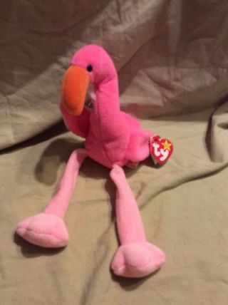 Vintage Ty Beanie Baby Pinky The Pink Flamingo 2/13/1995 Plush Toy Rare Retired