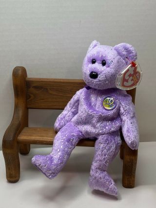 Ty Beanie Baby Decade Purple The Bear With Tag Retired Dob: January 22nd,  2003