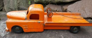 Vintage Structo Toys Orange Flatbed Tow Truck Wrecker Pressed Steel Toy