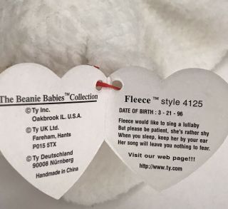 TY Beanie Baby: 1996 Fleece: White Lamb,  Style 4125 2