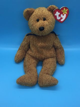 Ty Beanie Baby 1998 Fuzz The Bear Brown Teddy Bean Bag Stuffed Toy Blue Ribbon