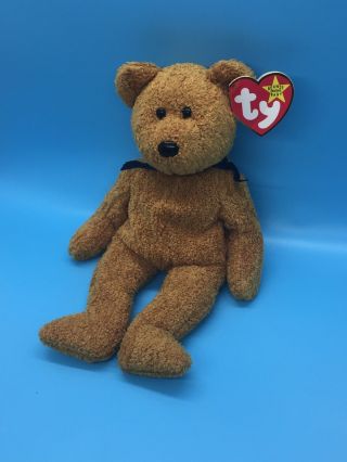TY Beanie Baby 1998 Fuzz the Bear Brown Teddy Bean Bag Stuffed Toy Blue Ribbon 2