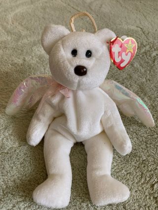 Ty Halo White Fleece Beanie Baby Bear Iridescent Wings Pink Bow