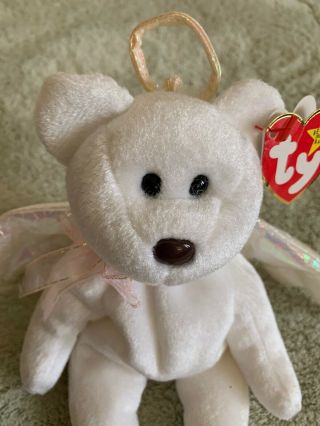 Ty HALO White Fleece Beanie Baby Bear Iridescent Wings Pink Bow 2