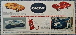 Vintage 1965 Cox Jim Hall Chaparral Ford Gt Corvette Slot Car Advertisement