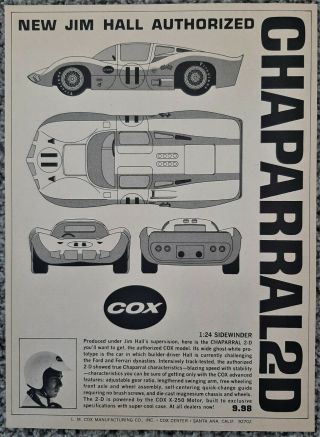 Vintage 1967 Cox 1/24 Jim Hall Chaparral 2 - D Slot Car Advertisement