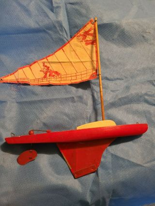 Vintage Large Cass Wooden Pond Boat Metal Keel,  Cloth Sail With Sailor Logo Exc