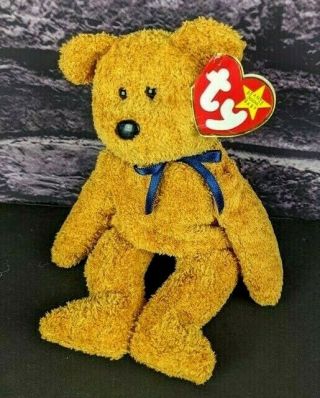 Ty Beanie Baby 1998 Fuzz The Bear Brown Teddy Bean Bag Stuffed Toy Blue Ribbon