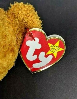 TY Beanie Baby 1998 Fuzz the Bear Brown Teddy Bean Bag Stuffed Toy Blue Ribbon 3