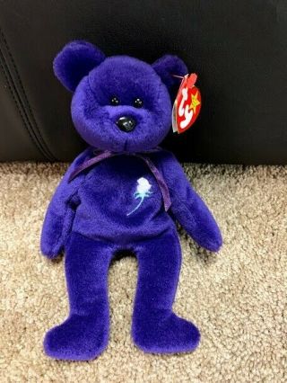 Purple Princess Diana Bear Ty Beanie Babies Baby W/ Tags Rare Errors? Bear A