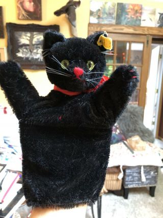 Vintage Steiff Mohair Black Cat With Ear Tag Halloween Hand Puppet