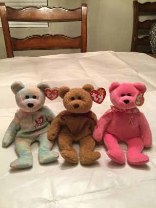 Ty Celebrate,  Curly,  & Hope,  Beanie Bears,  Mwmt Rare Vintage Cancer Research