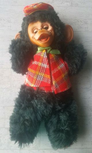Vtg Gund Rubber Face Plush Monkey Stuffed Animal 1971 Fur Plaid Hat Sleepy Eyes