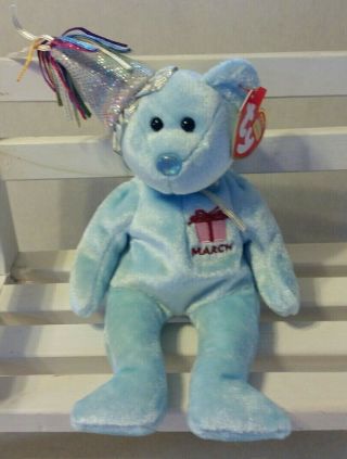 Ty Beanie Baby - March The Birthday Bear W/party Hat Stuffed Animal Toy.