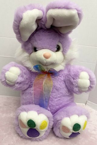 Vintage 22” Purple Easter Bunny Rabbit With Rainbow Bow Plush By Beta Toys