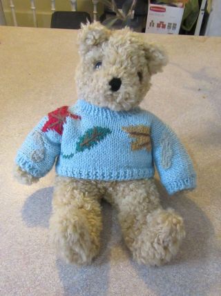 1992 Ty Classic Baby Curly Tan Blue Sweater Teddy Bear Plush 10 "