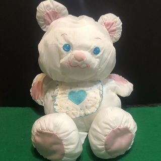 Vtg 1989 Puffalumps Teddy Bear Heart Bib White Plush Stuffed Lovey Quacker Oats