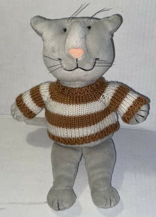 2003 Gund Edward Gorey Gray Plush Kitty Cat Brown & White Striped Sweater 10 "