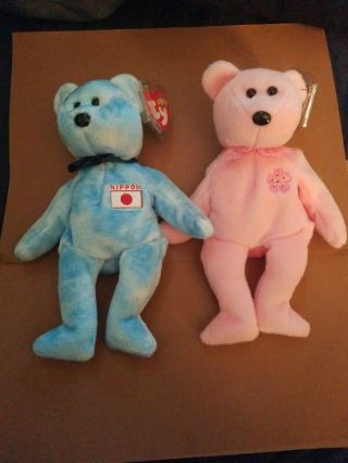 Ty Beanie Baby Nipponia Sakura Pair - Mwmt (bear Japan Country Exclusive 2000)