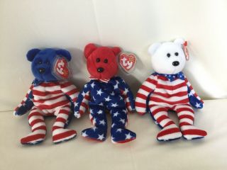 Ty Liberty Blue Face - Red Face And White Face Beanie Baby Bears With Tags