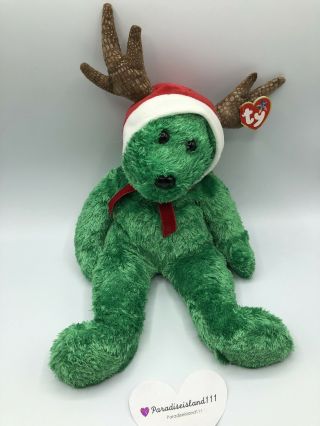 Ty Beanie Buddy 2002 Holiday Teddy - The Christmas Bear (w/ Antlers)