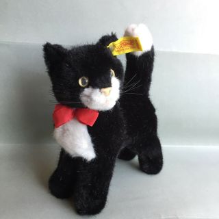 Steiff Dossy Standing Black Cat 2738/16 Vintage 80’s Red Bow Button Flag Id