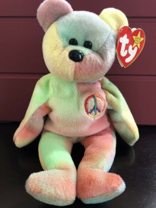 Ty Beanie Baby 1996 Retired Peace Bear With Errors And Pvc Pellets