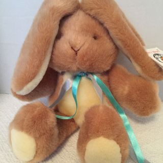Vtg Mary Meyer Bunny Rabbit Plush Tan Brown Blue Teal Ribbon Thumbuddis 11 " Toy