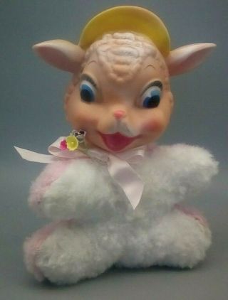 Vintage My Toy Spring Rubber Face Lamb Pink & White Cutie In Bonnet 8 " Plush Toy