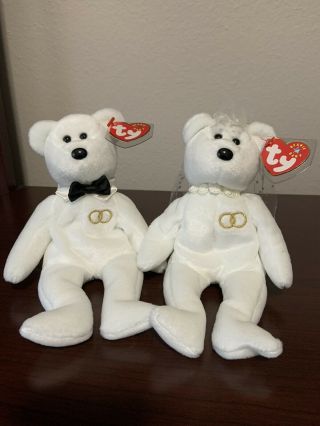 Ty Beanie Baby Bear Bride And Groom Set Mr & Mrs With Tag Covers,  Retired,