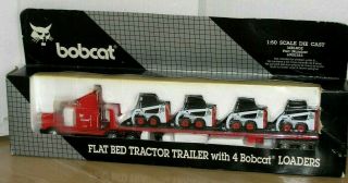 Bobcat 1:50 Scale Diecast Flatbed Tractor Trailer With 4 Bobcat Loaders Mib