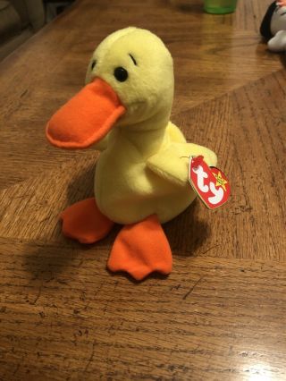 Ty Beanie Baby Duck,  Quackers,  Pvc Pellets