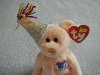 October Birthday Bear - Ty Beanie Baby - Party Hat - Birthstone Nose: Opal