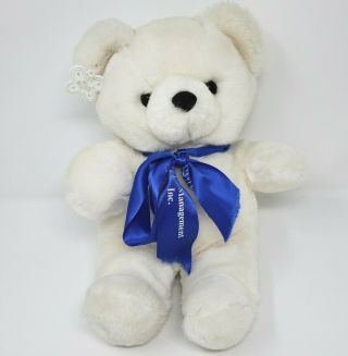 13 " Vintage Russ Berrie White Teddy Bear Blue Ribbon Stuffed Animal Plush Toy