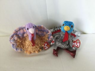 Ty Lurkey And Tommy Turkey Beanie Babies With Tags In Protectors