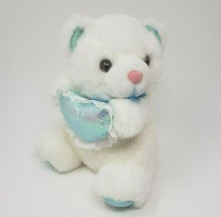 Vintage White Teddy Bear W/ Blue Iridescent Heart Stuffed Animal Plush Toy Lovey