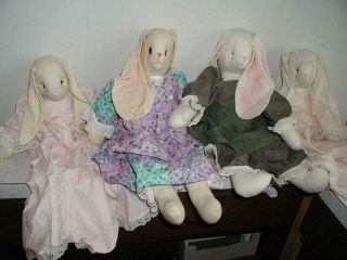 4 Handmade Vintage Primitive Plush Floppy Ears Country Bunny Rabbits Rag Stuffed