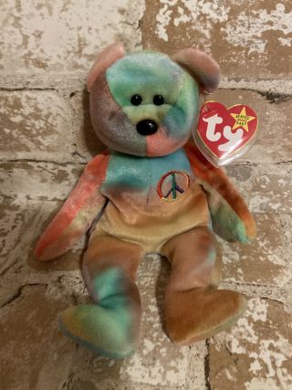 Rare Ty Beanie Baby Peace Bear 1996 Multi - Colored Tie Dye